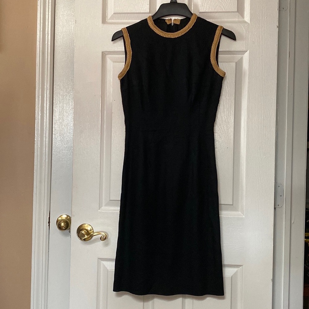 VTG 1960’s Black Linen Wiggle Dress Gold Trim - Picture 2 of 14